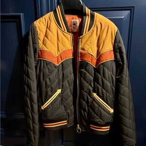 Sonoran Sunrise Quilted Bomber Jacket with Orange and Yellow Accents